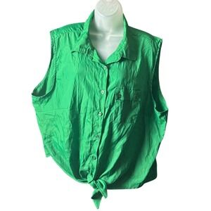 Caren Sport Womens Plus Size 3X Green Sleeveless Button Up Tie Front Shirt Top